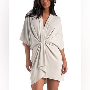 Elan Glitter Gathered Dee Dress Tunic Dolman Sleeves in Silver Size Large